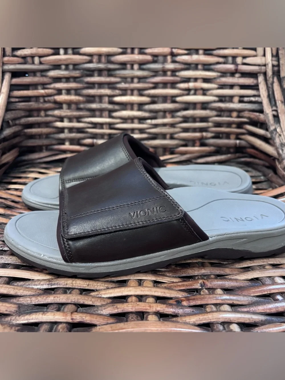 Vionic Brown Slides Sandals with Light Gray Footbed size 9. Great condition